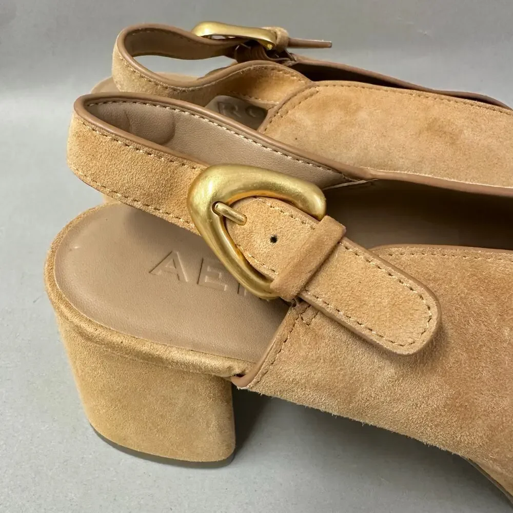 Aerosoles Cornelia Tan Suede Leather Peep Toe Slingback Platform Sandal Size 9.5